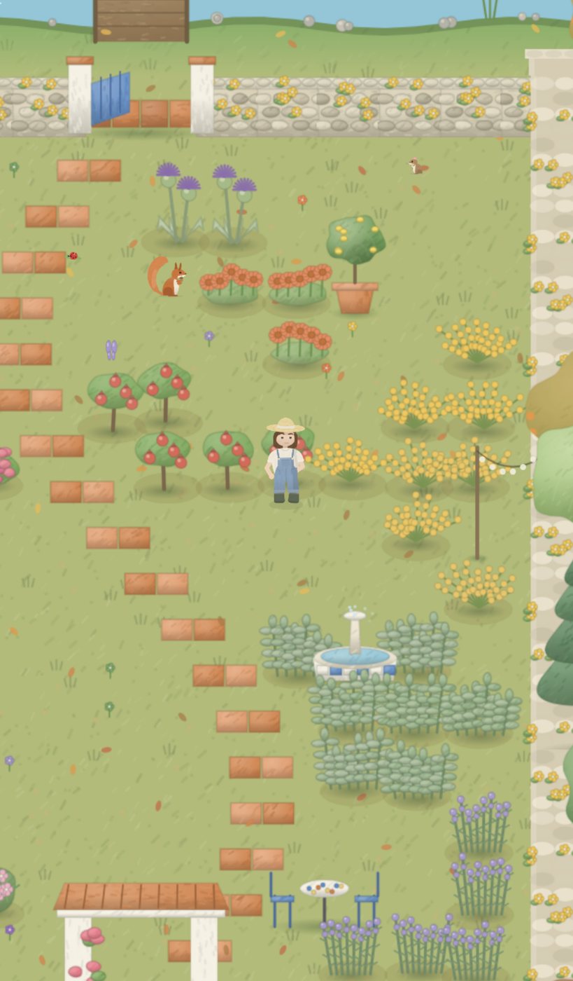 A garden seen from above: rows of red and yellow flowers, small apple trees, a fountain, lavender and a brick path, with the gardener in a straw hat standing between the beds.
