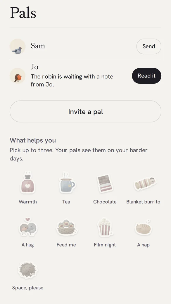 The Pals screen: two pals, Sam and Jo, with a note waiting from Jo, an Invite a pal button and a set of things that help, like warmth, tea and a hug.
